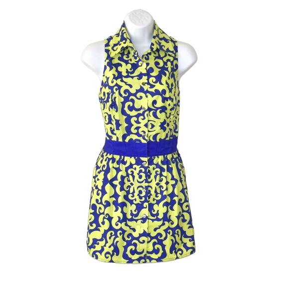 A5 NWT ETCETERA Destiny Yellow Blue Cotton Sleeveless Pleated Shirt Dress Size 8 - Picture 1 of 6